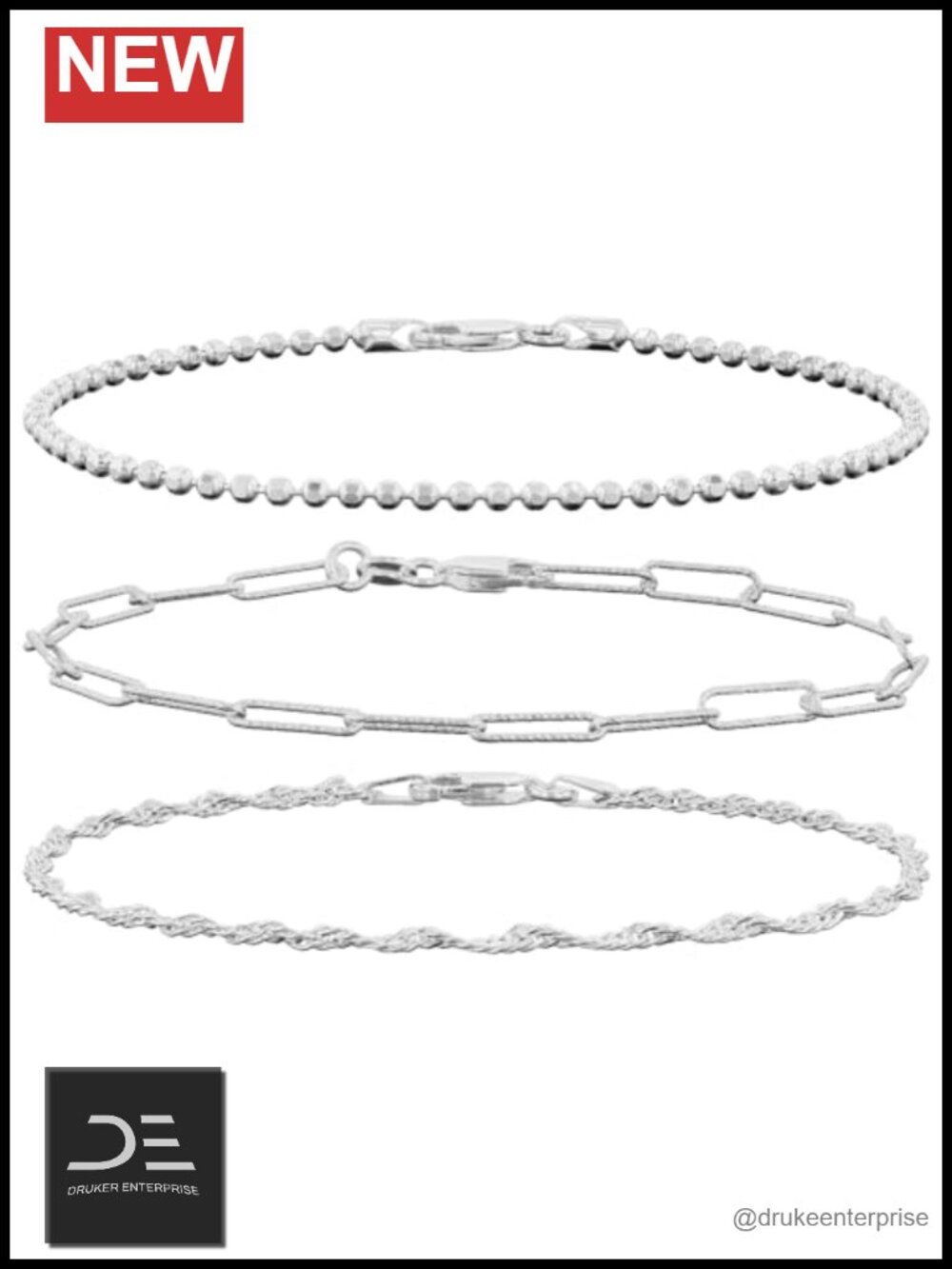 Sterling Silver Bracelet Set - Bead, Paperclip & Singapore Link, 7.5"